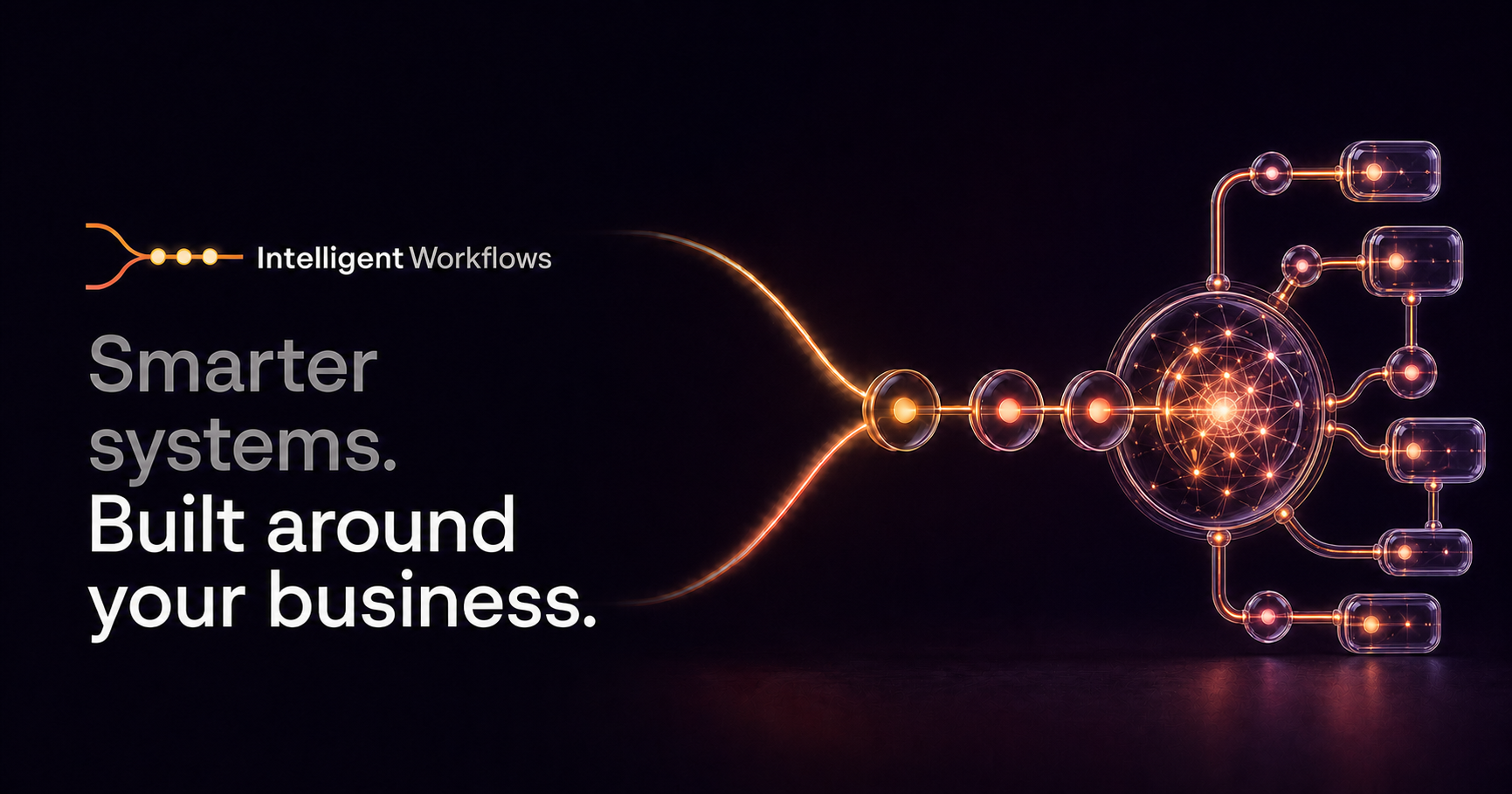 A glowing AI process engine connecting multiple automated workflow paths