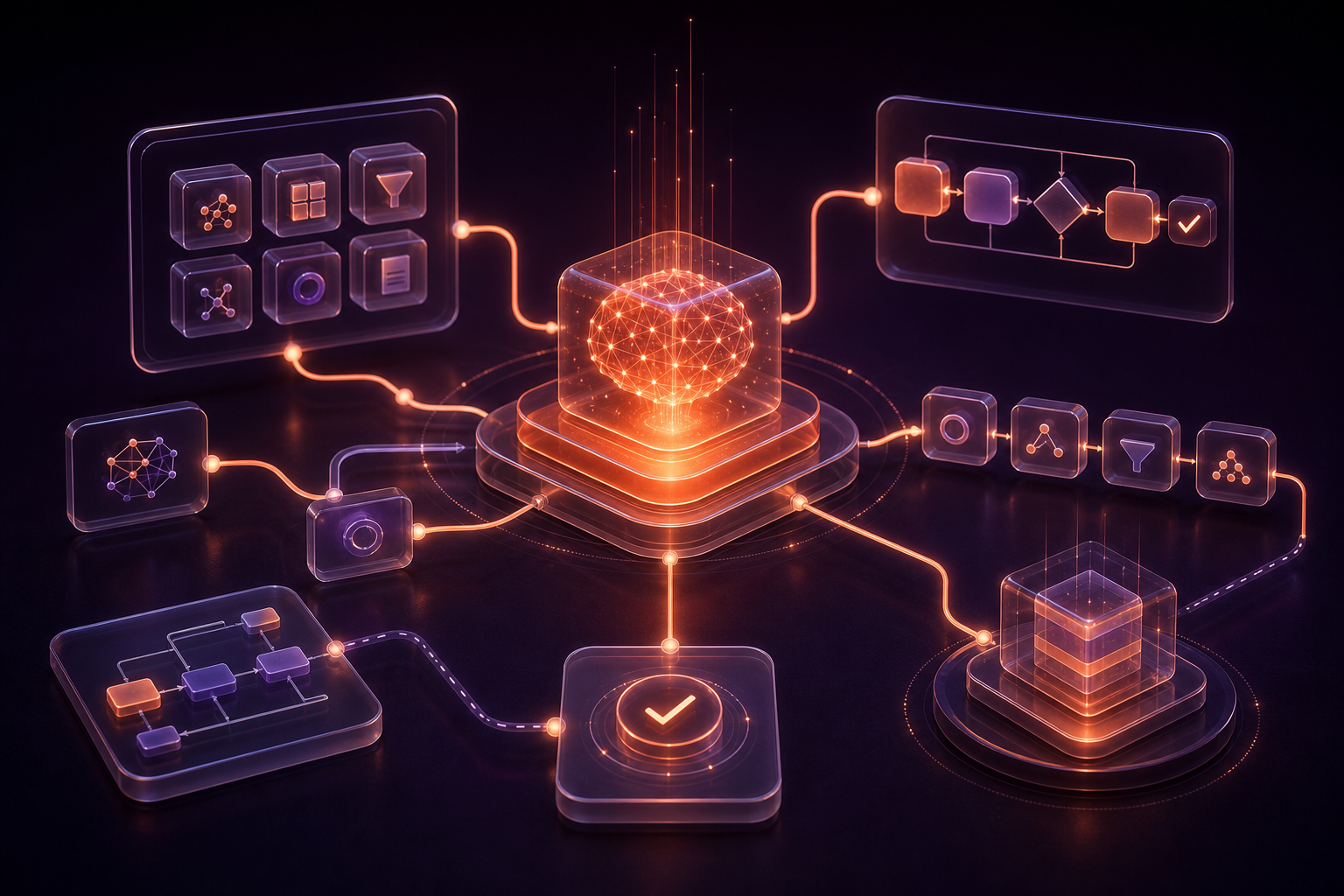 A custom AI system being assembled from connected tools and workflow modules