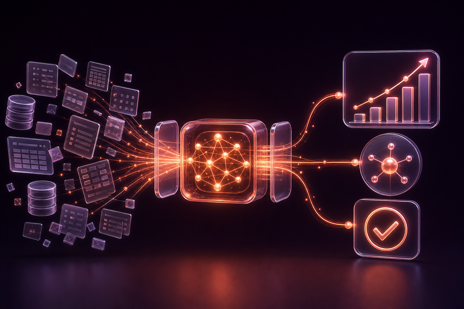 Scattered business data transformed into clear insights and decisions