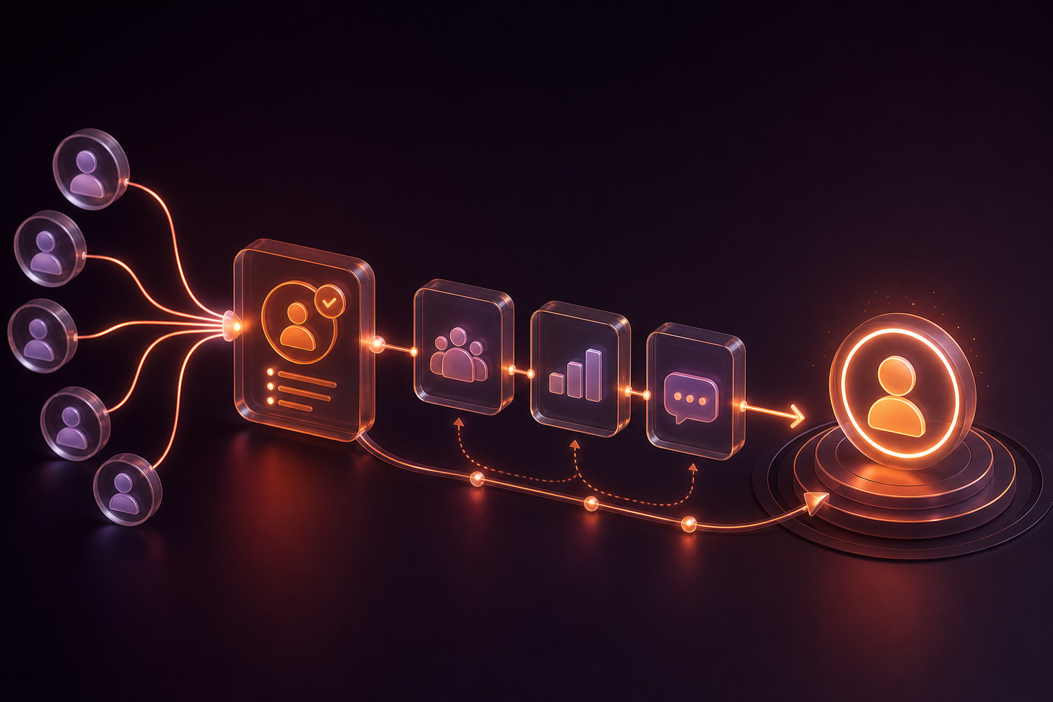 Leads progressing through an automated CRM workflow into a customer